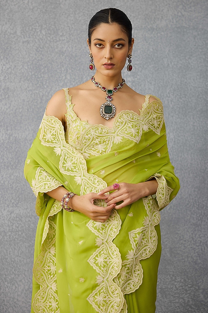 Parrot Green Organza Embroidered Wedding Saree by TORANI at Pernia's Pop Up Shop
