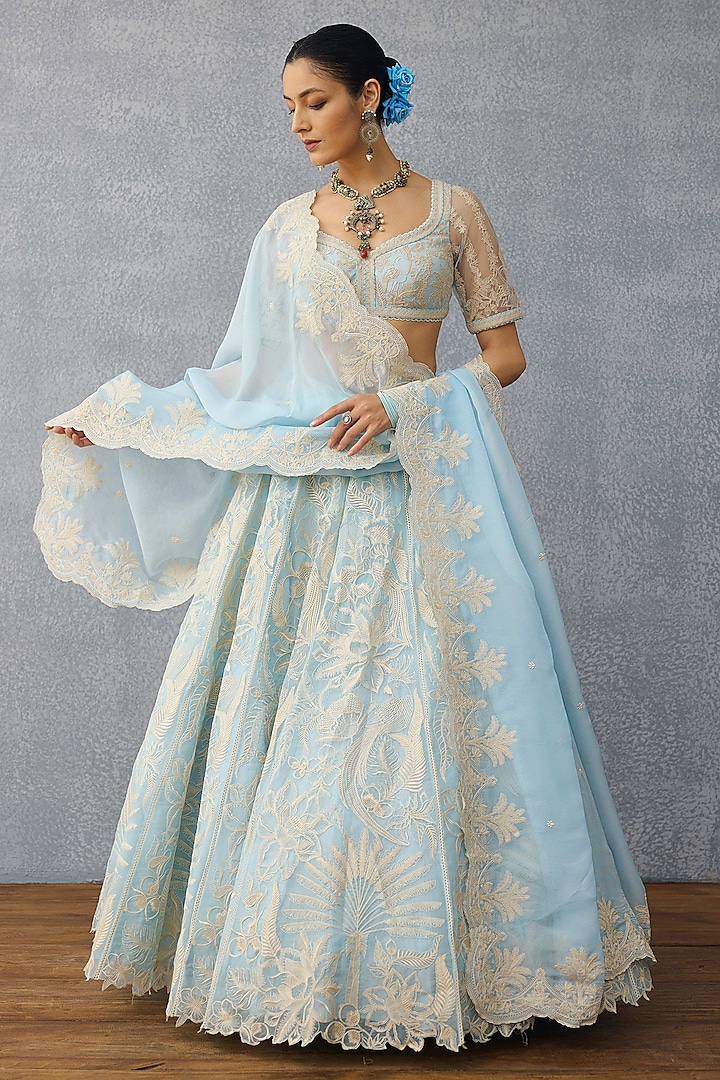Blue Organza Tropical Motif Hand Embroidered Bridal Lehenga Set by TORANI at Pernia's Pop Up Shop