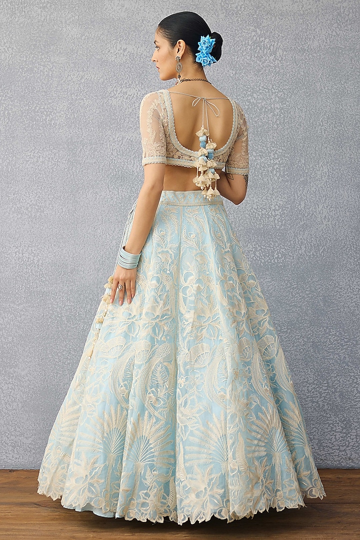 Blue Organza Tropical Motif Hand Embroidered Bridal Lehenga Set by TORANI at Pernia's Pop Up Shop