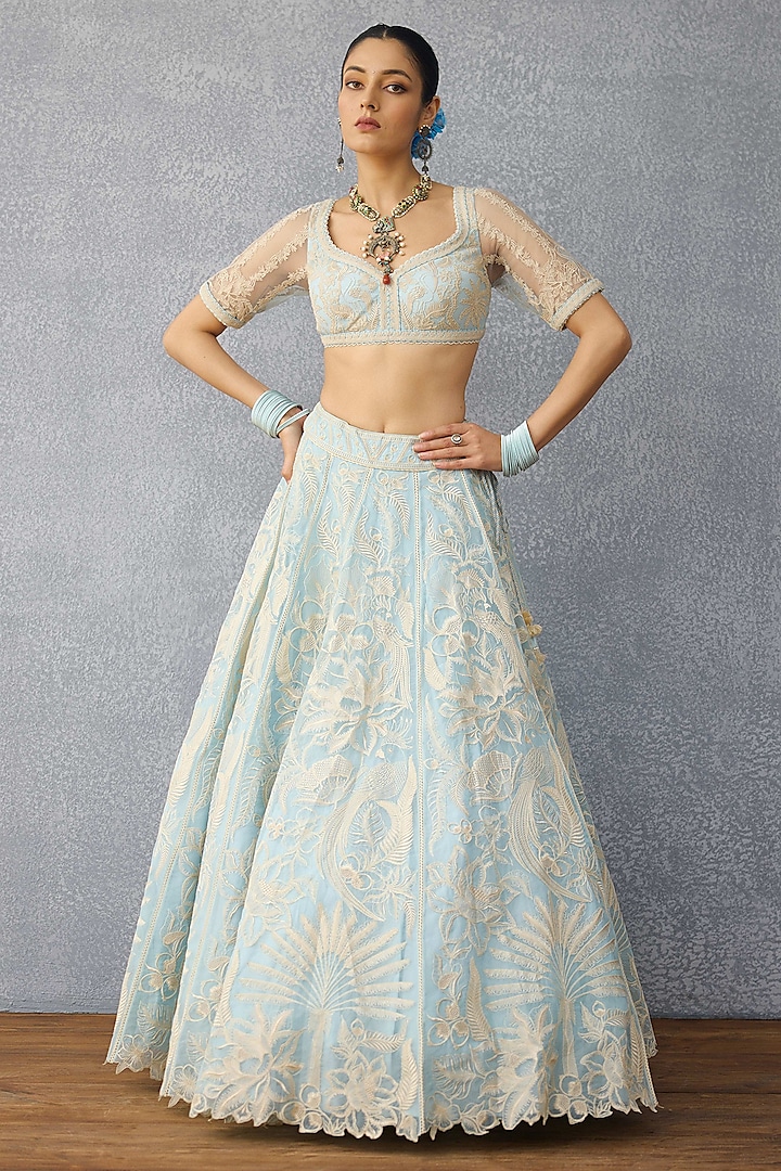 Blue Organza Tropical Motif Hand Embroidered Bridal Lehenga Set by TORANI at Pernia's Pop Up Shop