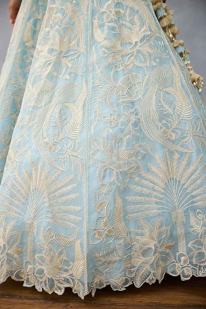 Blue Organza Tropical Motif Hand Embroidered Bridal Lehenga Set by TORANI at Pernia's Pop Up Shop