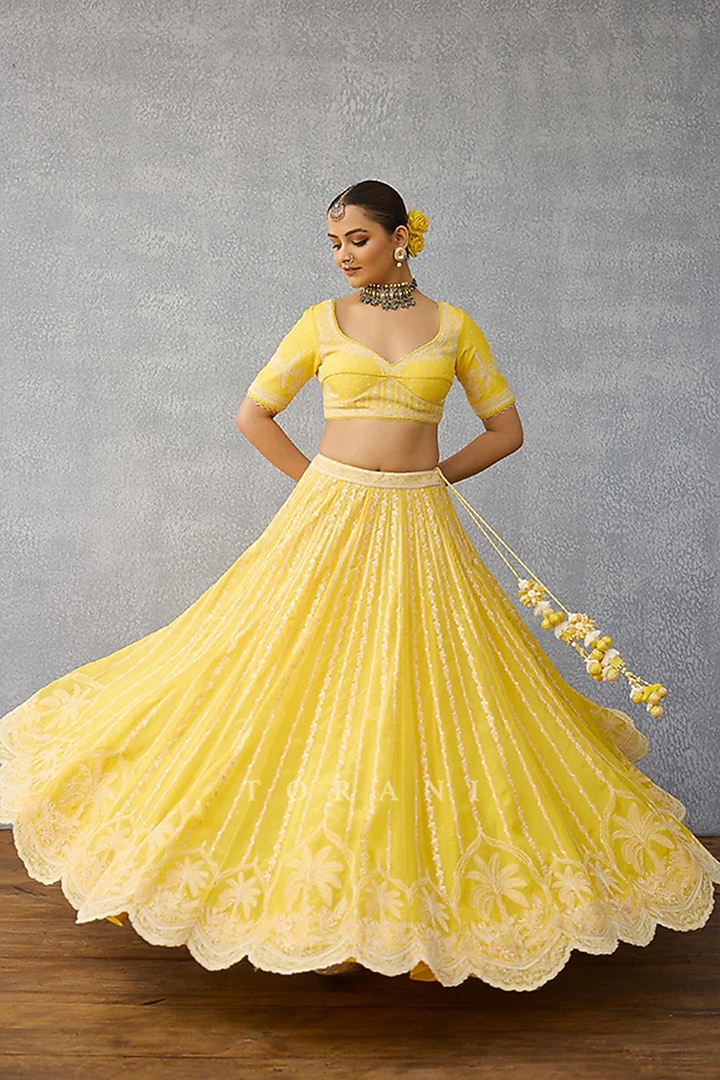Yellow Organza & Butterfly Net Hand Embroidered Bridal Lehenga Set by TORANI at Pernia's Pop Up Shop