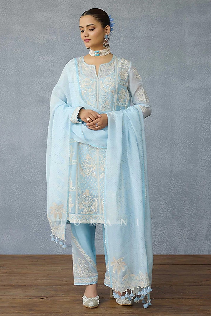 Blue Silk Crepe Organza Dori Embroidered Kurta Set by TORANI at Pernia's Pop Up Shop