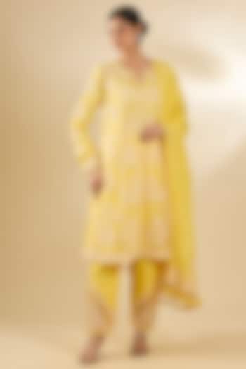 Light Yellow Silk Crepe Organza Kurta Set by Torani at Pernia's Pop Up Shop