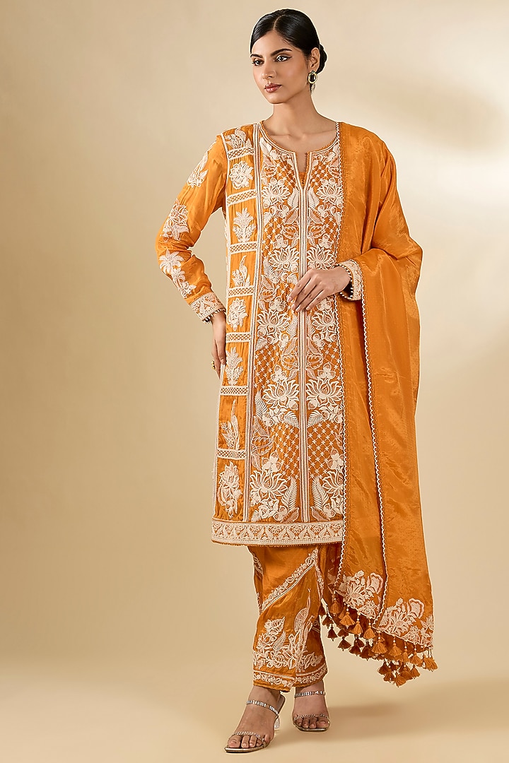 Dark Yellow Silk Crepe Organza Kurta Set by Torani at Pernia's Pop Up Shop
