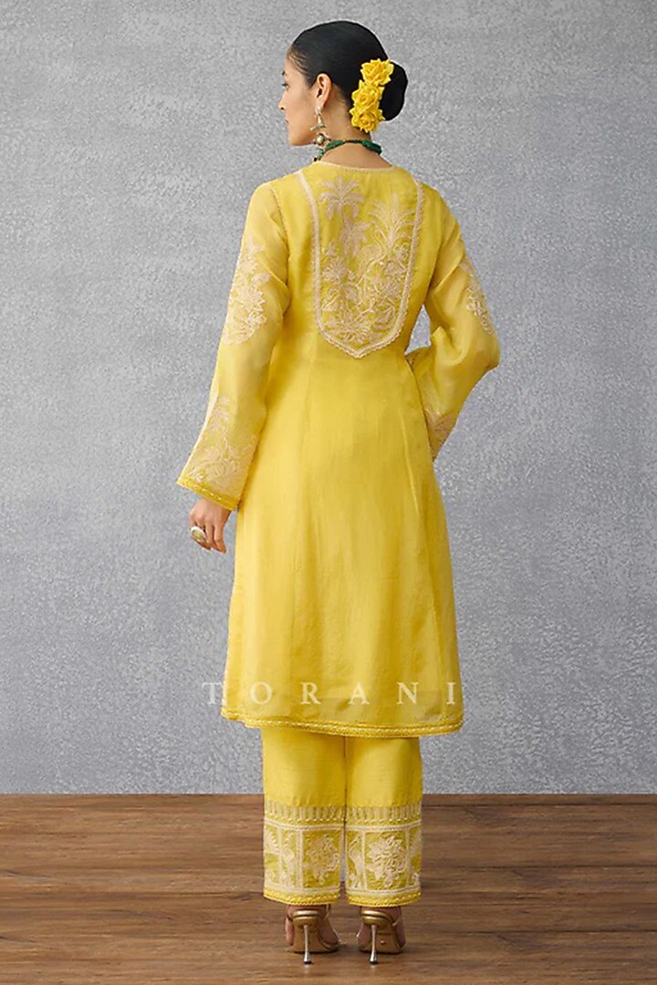 Yellow Silk Crepe Organza Hand Embroidered Kurta Set by TORANI at Pernia's Pop Up Shop