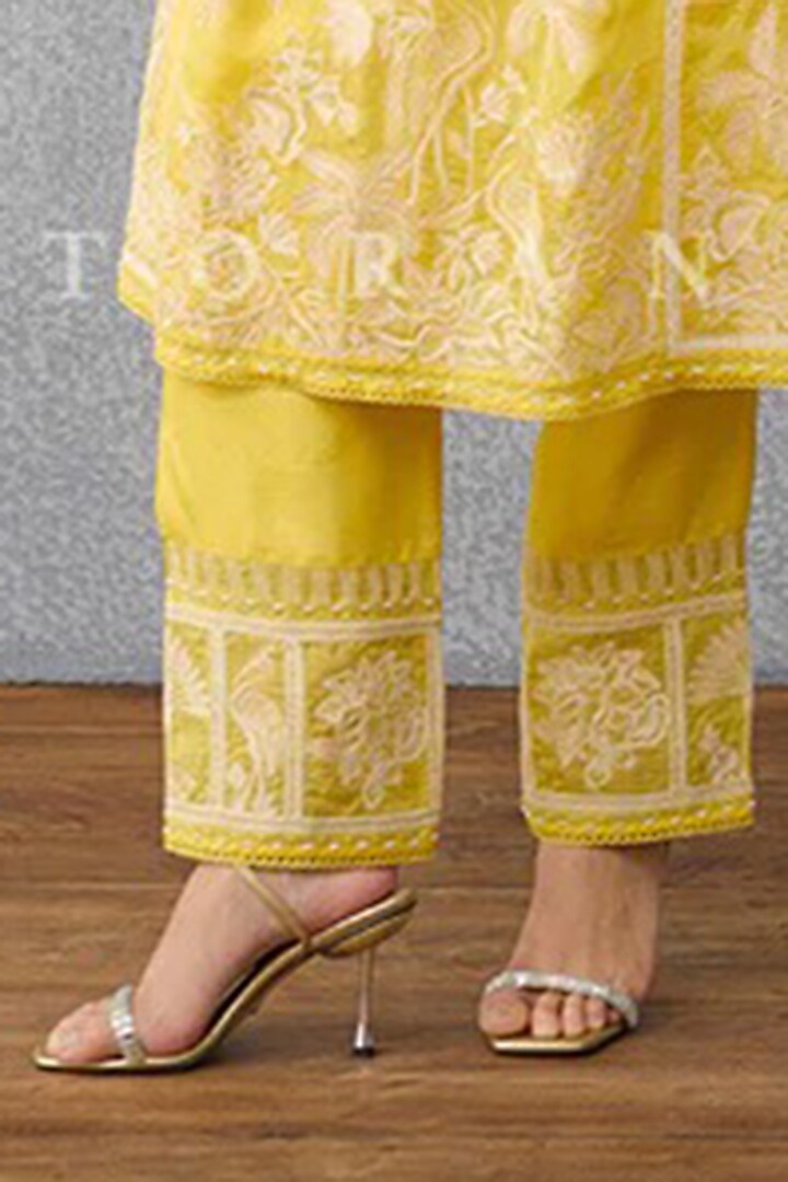 Yellow Silk Crepe Organza Hand Embroidered Kurta Set by TORANI at Pernia's Pop Up Shop