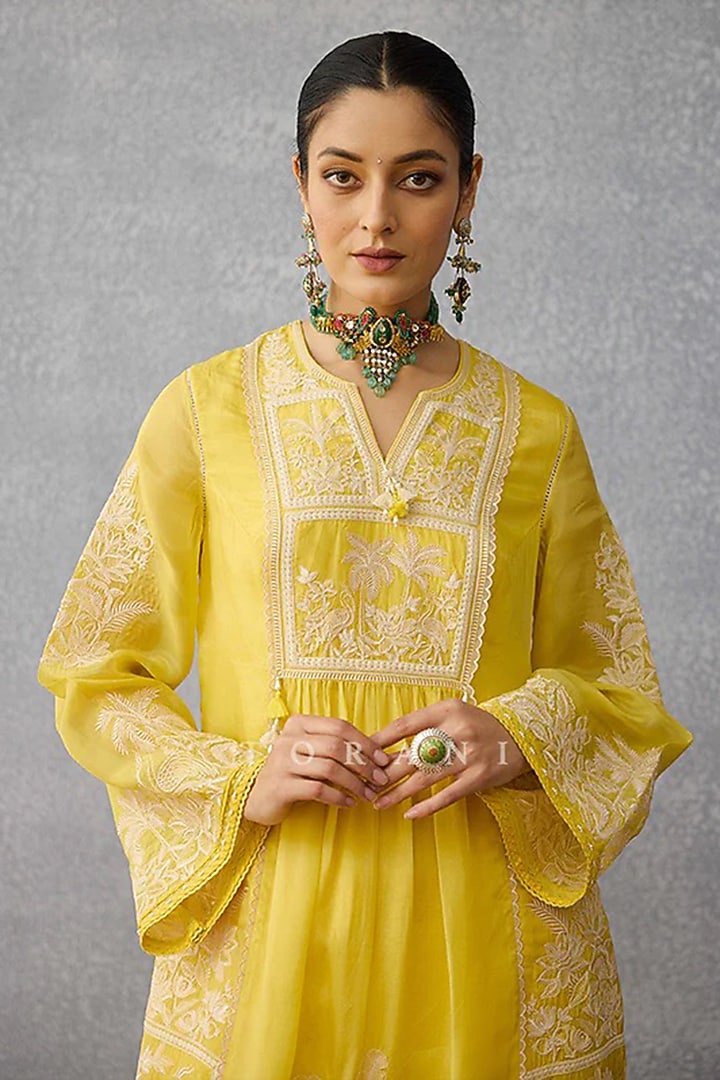 Yellow Silk Crepe Organza Hand Embroidered Kurta Set by TORANI at Pernia's Pop Up Shop