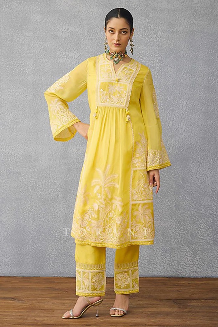 Yellow Silk Crepe Organza Hand Embroidered Kurta Set by TORANI at Pernia's Pop Up Shop
