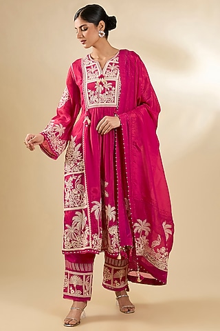 Dark Pink Silk Crepe Organza Kurta Set by Torani
