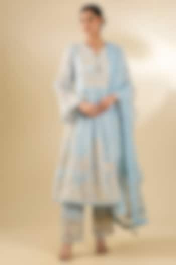 Blue Silk Crepe Organza Kurta Set by Torani at Pernia's Pop Up Shop