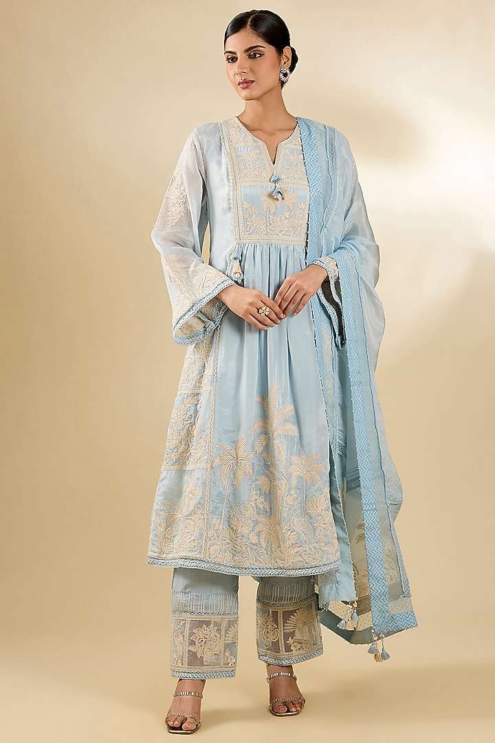 Blue Silk Crepe Organza Kurta Set by Torani at Pernia's Pop Up Shop