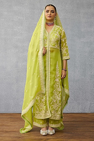 Green Organza & Jeni Silk Hand Embroidered Kurta Set by TORANI
