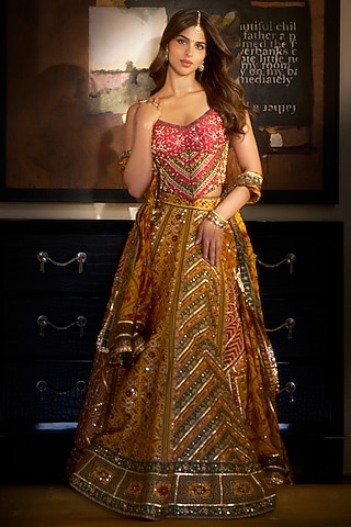 Yellow Jeni Silk Embroidered Lehenga Set by TORANI