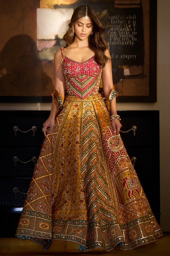 Yellow Jeni Silk Embroidered Bridal Lehenga Set by TORANI at Pernia's Pop Up Shop