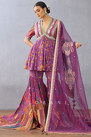 Purple Silk & Organza Sharara Set by torani