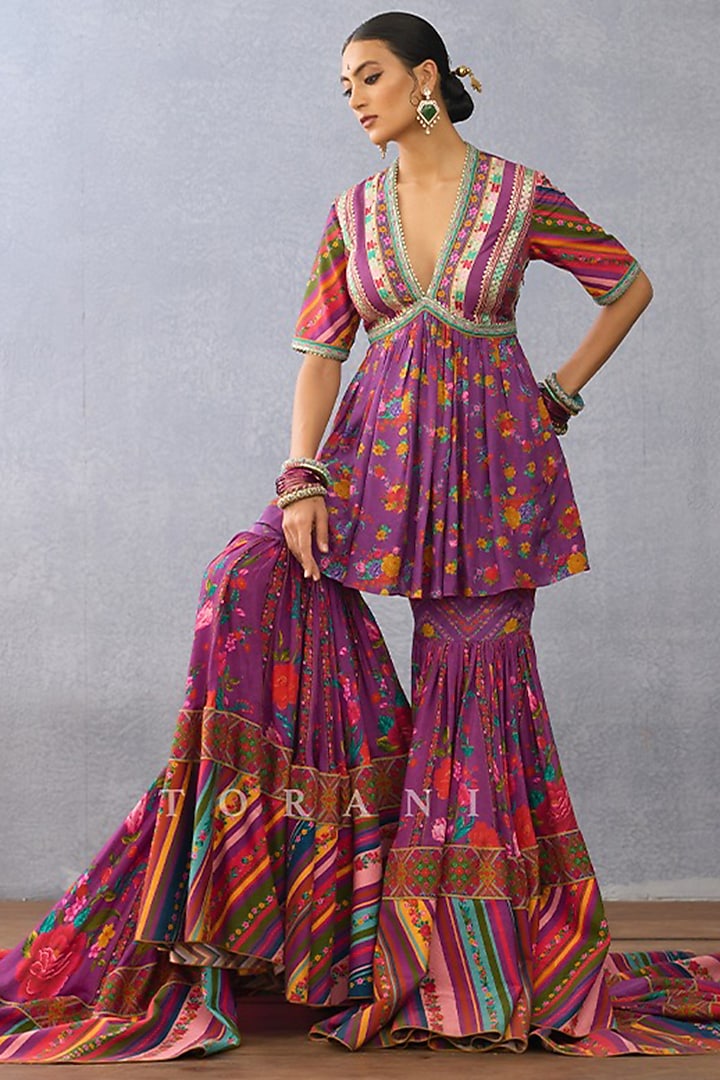 Purple Silk & Organza Bridal Sharara Set by TORANI at Pernia's Pop Up Shop