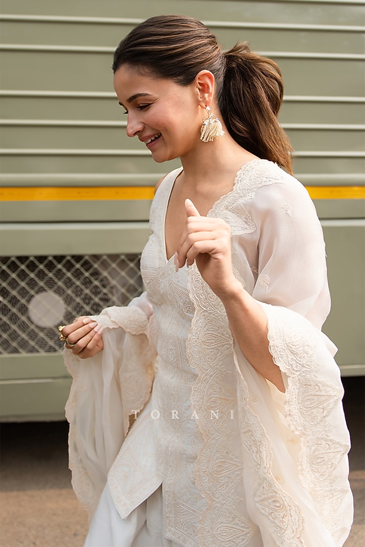 Ivory Silk & Organza Embroidered Kurta Set by TORANI at Pernia's Pop Up Shop