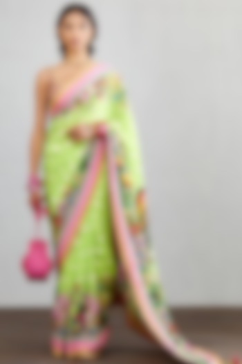Green Silk Crepe Hand Embroidered Wedding Saree by TORANI at Pernia's Pop Up Shop
