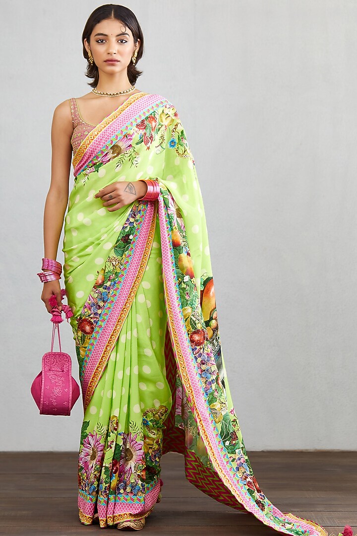 Green Silk Crepe Hand Embroidered Wedding Saree by TORANI at Pernia's Pop Up Shop