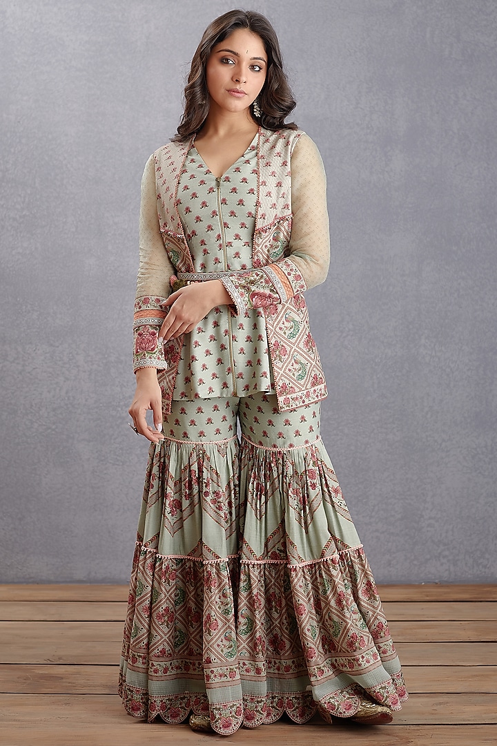 Sage Green Printed Sharara Set by TORANI