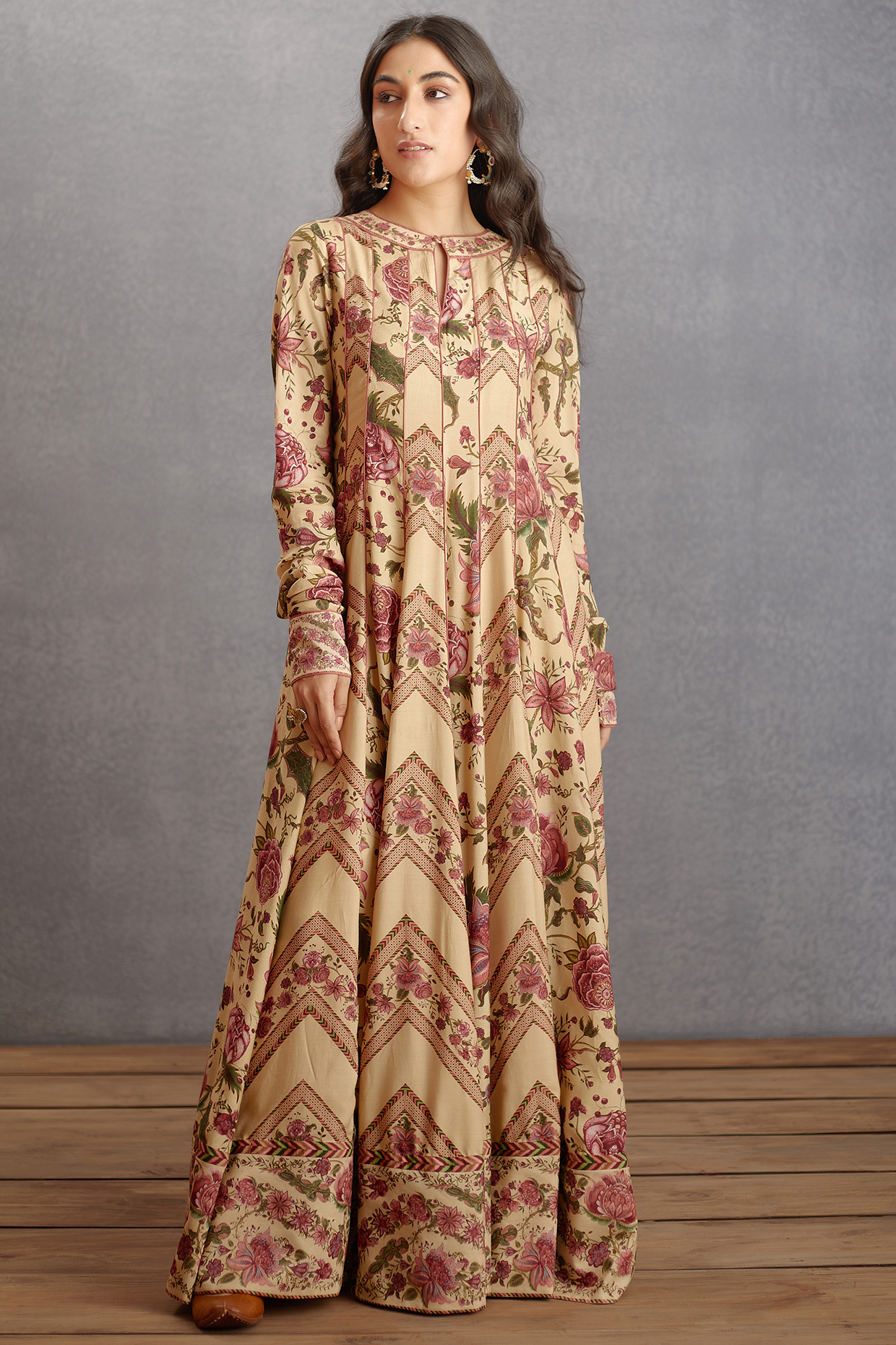 Musk Beige Printed Wedding Anarkali Set by TORANI at Pernia's Pop Up Shop