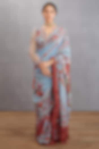 Sea Blue Silk Crepe Chintz Printed Frilled Saree by TORANI
