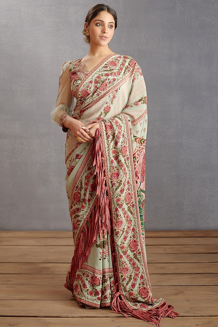 Sage Green Silk Crepe Chintz Printed Saree by TORANI at Pernia's Pop Up Shop