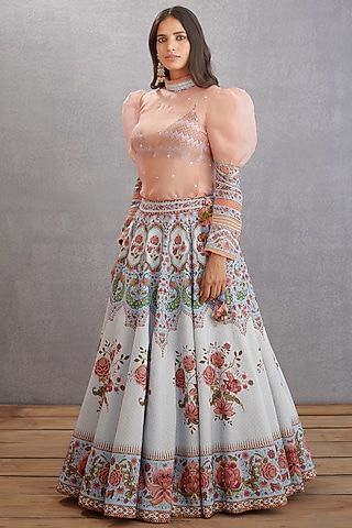 Sea Blue Hand Embroidered & Printed Lehenga Set by TORANI