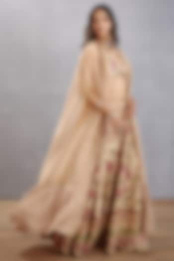 Musk Beige Handwoven Chanderi Chintz Printed Jacket Wedding Lehenga Set by TORANI at Pernia's Pop Up Shop