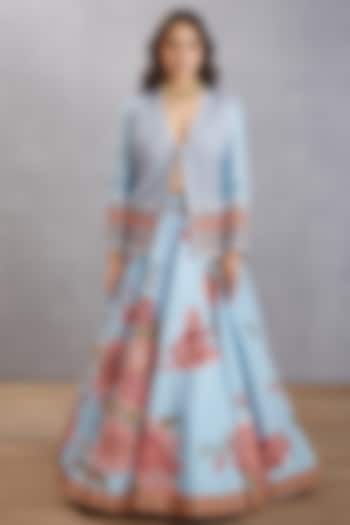 Sea Blue Handwoven Chanderi Digital Printed Jacket Wedding Lehenga Set by TORANI at Pernia's Pop Up Shop