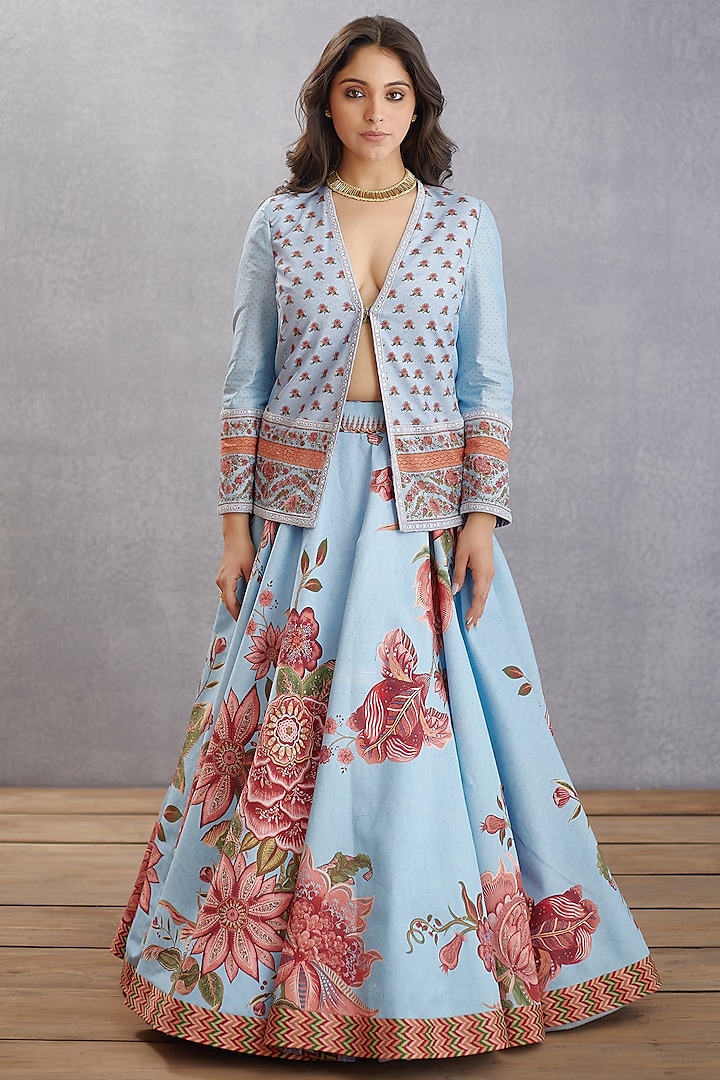 Sea Blue Handwoven Chanderi Digital Printed Jacket Wedding Lehenga Set by TORANI at Pernia's Pop Up Shop
