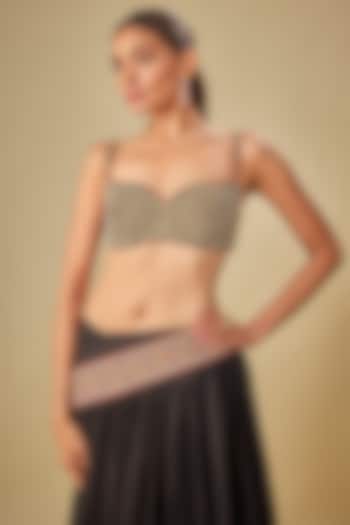 Black Handwoven Thin Chanderi Mirror Embroidered Bralette by TORANI at Pernia's Pop Up Shop