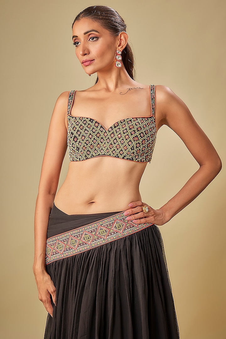 Black Handwoven Thin Chanderi Mirror Embroidered Bralette by TORANI at Pernia's Pop Up Shop
