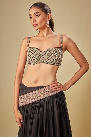Black Handwoven Thin Chanderi Mirror Embroidered Bralette by TORANI
