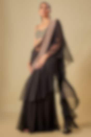 Black Chiffon & Cotton Silk Hand Embroidered Wedding Saree by TORANI at Pernia's Pop Up Shop