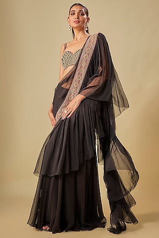 Black Chiffon & Cotton Silk Hand Embroidered Saree by TORANI