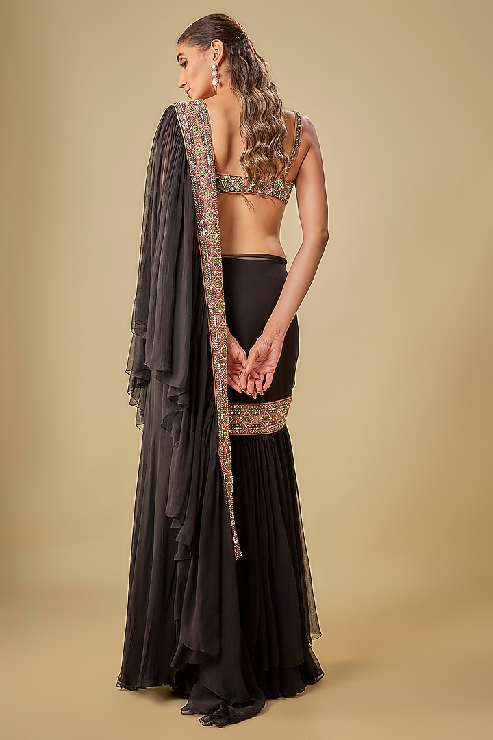Black Chiffon & Cotton Silk Hand Embroidered Wedding Saree by TORANI at Pernia's Pop Up Shop