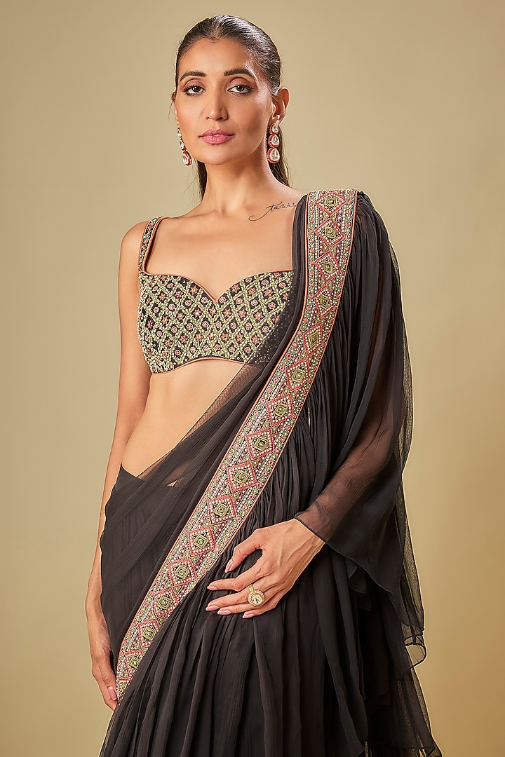 Black Chiffon & Cotton Silk Hand Embroidered Wedding Saree by TORANI at Pernia's Pop Up Shop