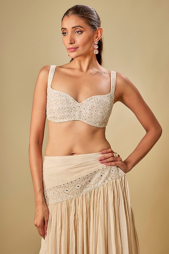 Ivory Handwoven Thin Chanderi Mirror Embroidered Bralette by TORANI at Pernia's Pop Up Shop
