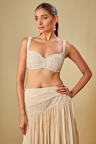 Ivory Handwoven Thin Chanderi Mirror Embroidered Bralette by TORANI