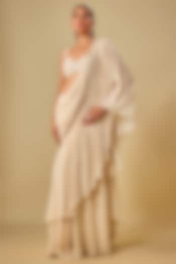 Ivory Chiffon & Cotton Silk Hand Embroidered Wedding Saree by TORANI at Pernia's Pop Up Shop