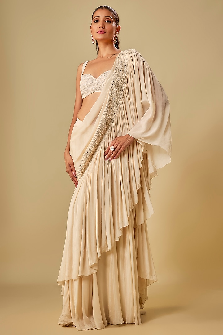 Ivory Chiffon & Cotton Silk Hand Embroidered Wedding Saree by TORANI at Pernia's Pop Up Shop
