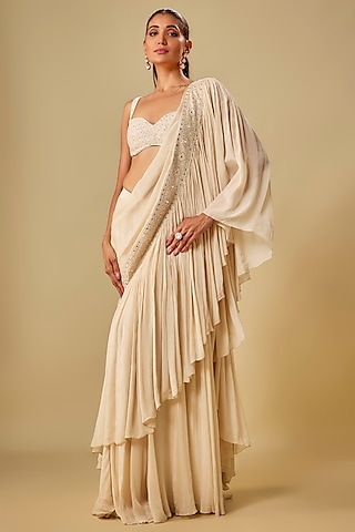 Ivory Chiffon & Cotton Silk Hand Embroidered Saree by TORANI
