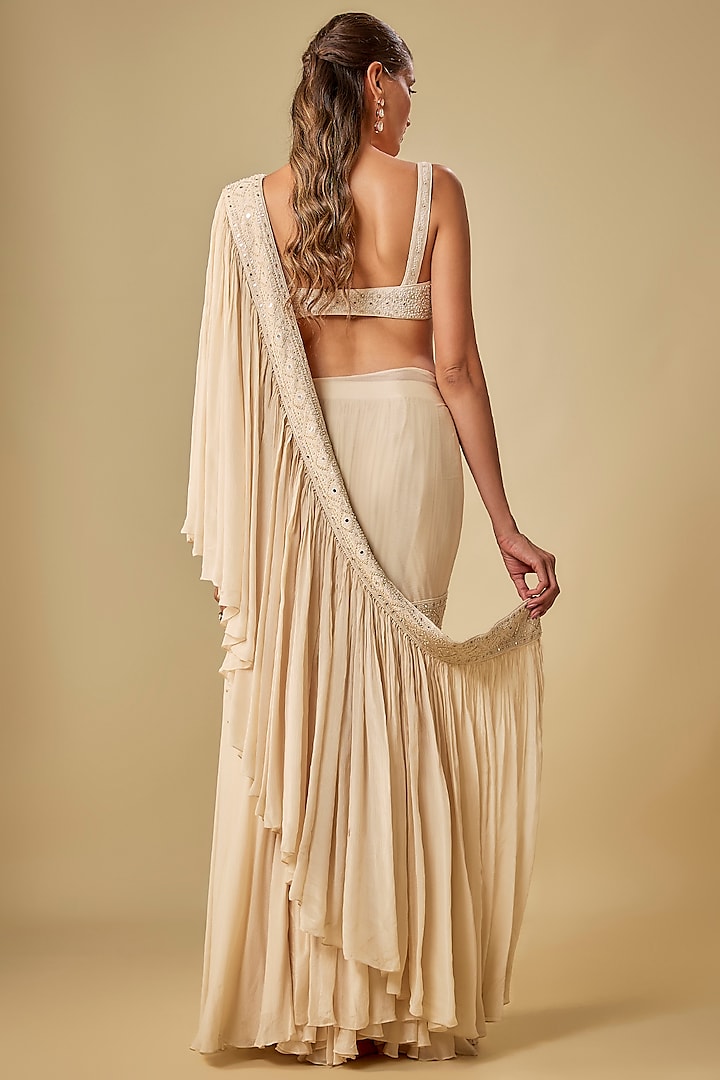 Ivory Chiffon & Cotton Silk Hand Embroidered Wedding Saree by TORANI at Pernia's Pop Up Shop