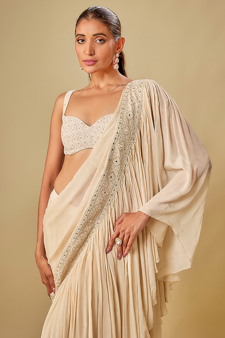 Ivory Chiffon & Cotton Silk Hand Embroidered Wedding Saree by TORANI at Pernia's Pop Up Shop