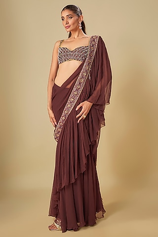 Maroon Handwoven Thin Chanderi Mirror Embroidered Bralette by TORANI