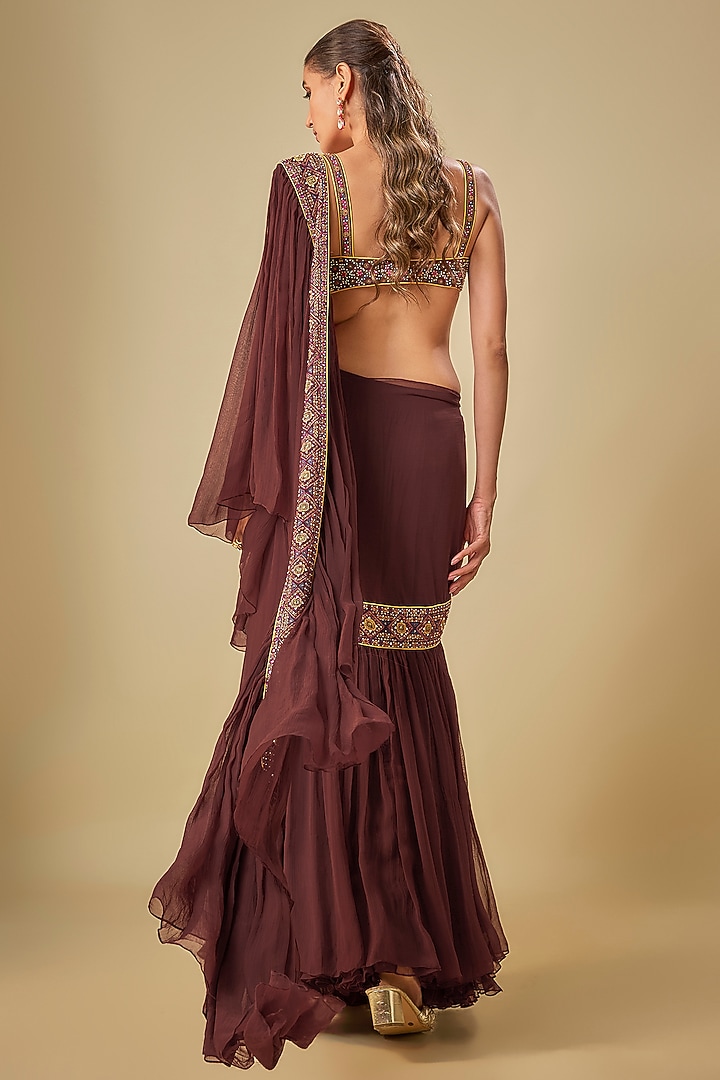Maroon Handwoven Thin Chanderi Mirror Embroidered Bralette by TORANI at Pernia's Pop Up Shop
