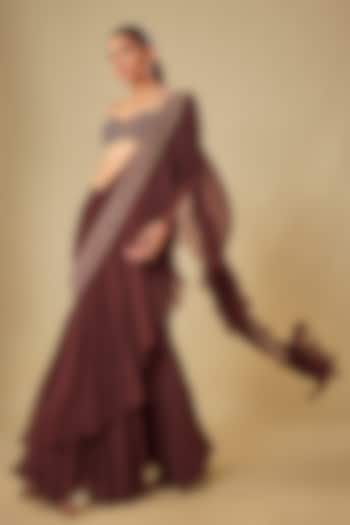 Maroon Chiffon & Cotton Silk Hand Embroidered Wedding Saree by TORANI at Pernia's Pop Up Shop