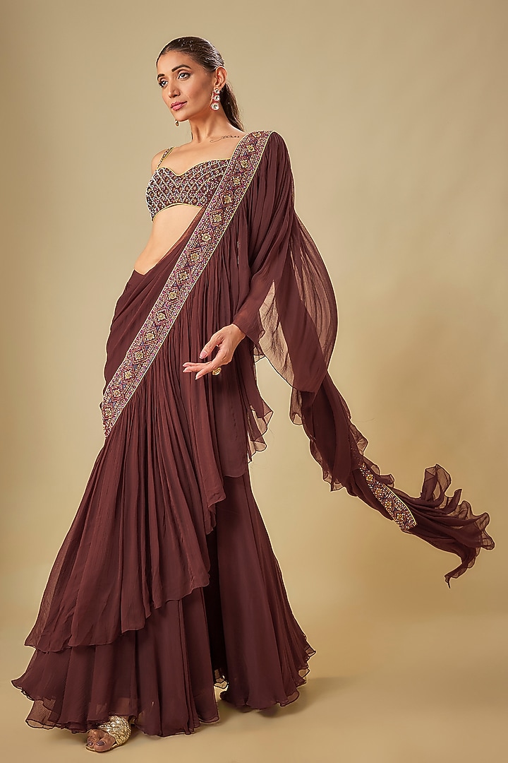 Maroon Chiffon & Cotton Silk Hand Embroidered Wedding Saree by TORANI at Pernia's Pop Up Shop